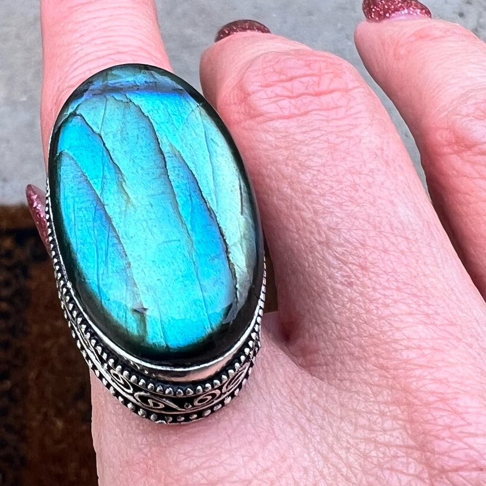 Large Blue Labradorite Statement Ring In Stamped … - image 5